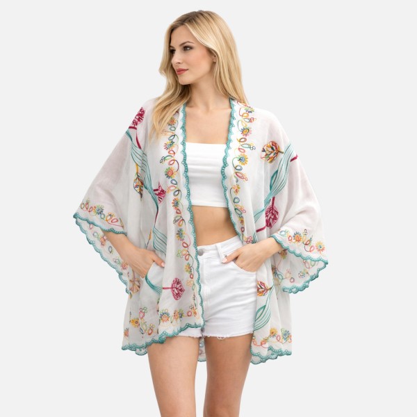 Sheer Kimono With Floral Embroidered Detail & Scalloped Edges 

- One Size Fits Most 
- 100% Polyester  