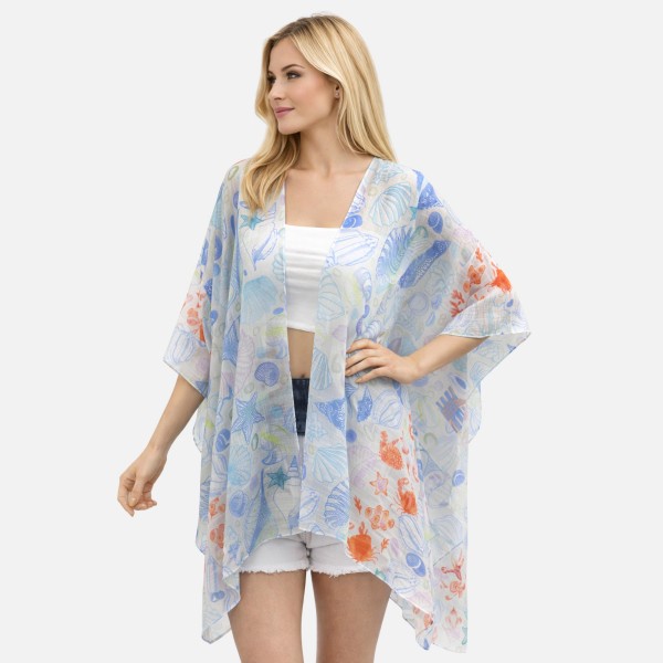 Sea Animal & Shell Patch Print Kimono  

- One Size Fits Most 