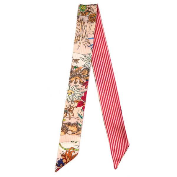 Silky Floral & Stripe Print Skinny Scarf

- Multi-Use: Scarf, Hair Bow, Bag Tie ETC
- Approximately 35" L X 2" W
- 100% Polyester