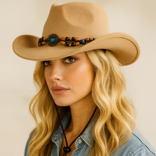 Do Everything In Love Felt Cowboy Hat With Wood Beaded Band & Turquoise Concho Detail 

- One Size Fits Most 
- 100% Polyester 

