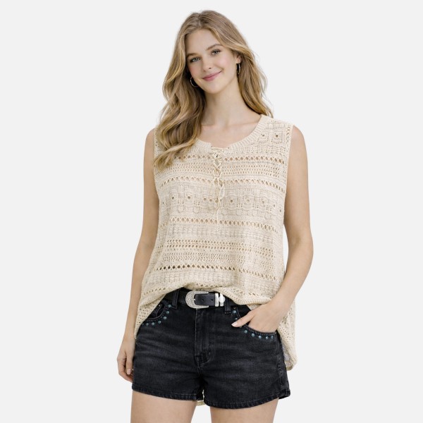 Do Everything In Love Open Knit Sleeveless Top With Woven Tinsel Detail 

- Approximately 21.7" l X 21.7" W
- 100% Polyester 