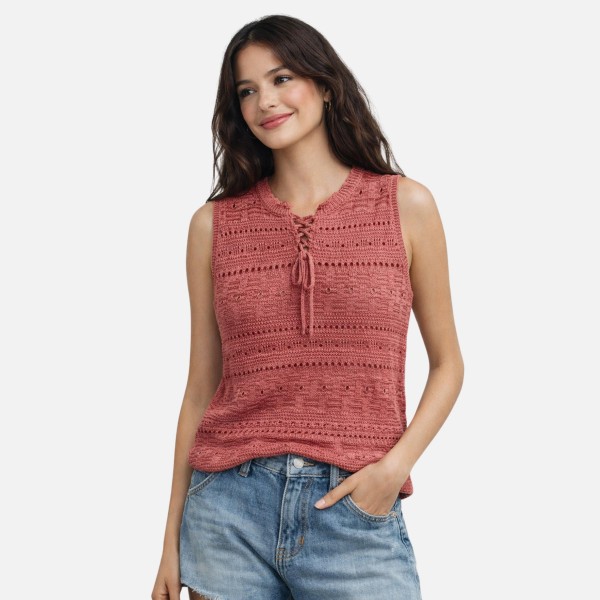 Do Everything In Love Open Knit Sleeveless Top With Woven Tinsel Detail 

- Approximately 21.7" l X 21.7" W
- 100% Polyester 