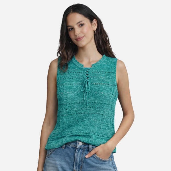 Do Everything In Love Open Knit Sleeveless Top With Woven Tinsel Detail 

- Approximately 21.7" l X 21.7" W
- 100% Polyester 