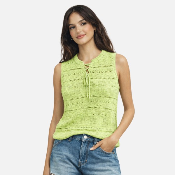 Do Everything In Love Open Knit Sleeveless Top With Woven Tinsel Detail 

- Approximately 21.7" l X 21.7" W
- 100% Polyester 
