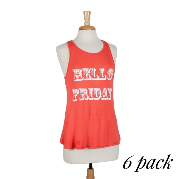 Wholesale coral racerback tank top Hello Friday front Sold packs six two smalls