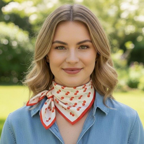 Cherries Print Bandana Scarf

- Multi-Use: Scarf, Bandana, Bag Tie ETC
- Approximately 27.5"L X 27.5"W
- 100% Polyester