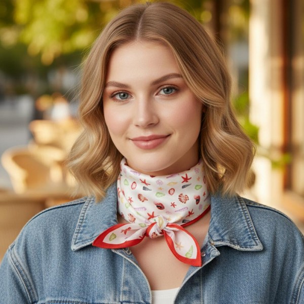 Sea Shell & Starfish Print Bandana Scarf

- Multi-Use: Scarf, Bandana, Bag Tie ETC
- Approximately 27.5"L X 27.5"W
- 100% Polyester