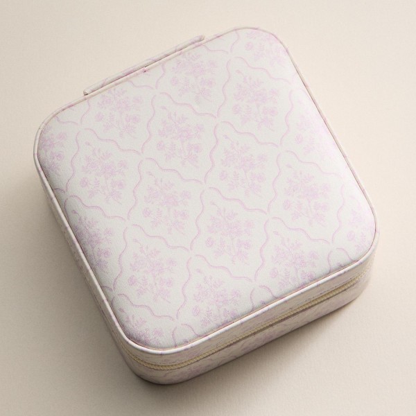 Floral Print Vegan Leather Travel Jewelry Box - Full Zipper Closure - Mirror & Earring Holder Divider - Removable Divider Organizer - 6 Ring Slots & 3 Necklace Hooks - Approximately 3.5" L X 3.75" T X 2" D view 5