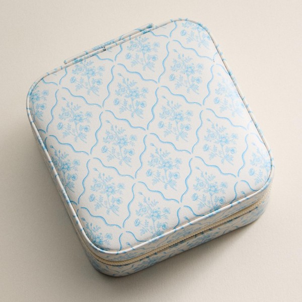 Floral Print Vegan Leather Travel Jewelry Box - Full Zipper Closure - Mirror & Earring Holder Divider - Removable Divider Organizer - 6 Ring Slots & 3 Necklace Hooks - Approximately 3.5" L X 3.75" T X 2" D view 5