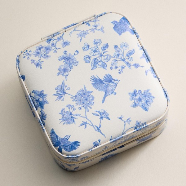 Chinoiserie Print Vegan Leather Travel Jewelry Box - Full Zipper Closure - Mirror & Earring Holder Divider - Removable Divider Organizer - 6 Ring Slots & 3 Necklace Hooks - Approximately 3.5" L X 3.75" T X 2" D view 5