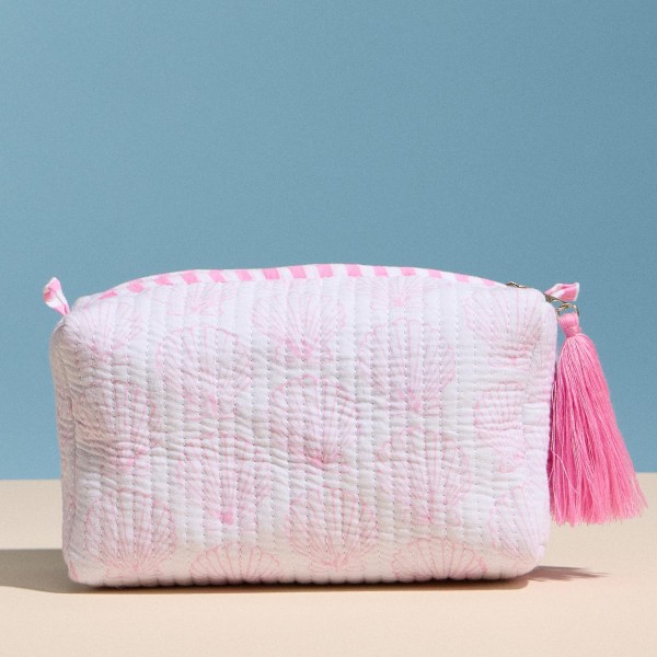 Shell Print Quilted Pouch With Tassel

- Full Zip Closure
- Stripe Print Inside
- Approximately  7" L X 5" T X 3.5" D