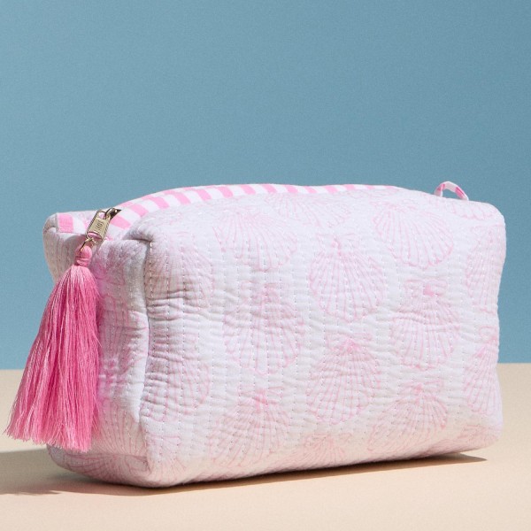 Shell Print Quilted Pouch With Tassel

- Full Zip Closure
- Stripe Print Inside
- Approximately  7" L X 5" T X 3.5" D