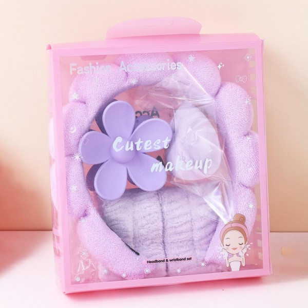 Terry Cloth Headband & Wristband Set 

Set Includes:
- Terry Cloth Headband 
- Wristbands 
- Makeup Sponge 
- Flower Hair Clip