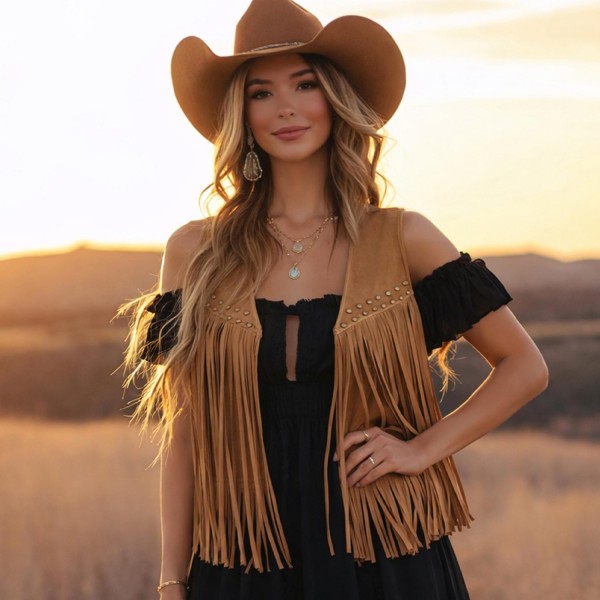 Do Everything In Love Faux Suede Cropped Fringe Vest With Studded Metal Details 

- Approximately 22" L  X 20" W
- 90% Polyester / 10% Elastane 

