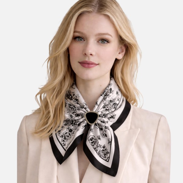 Do Everything In Love Round Black Onyx Triangle Scarf Ring Featuring Rhinestone Border

- Approximately 1" L 