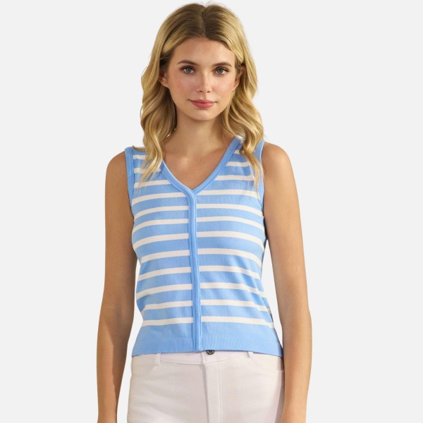 Stripped V-Neck Sleeveless Top (6-Pack)

- Ribbed 
- Cropped
- 25% Polyester / 32% Nylon / 25% Modal / 8% Spandex 