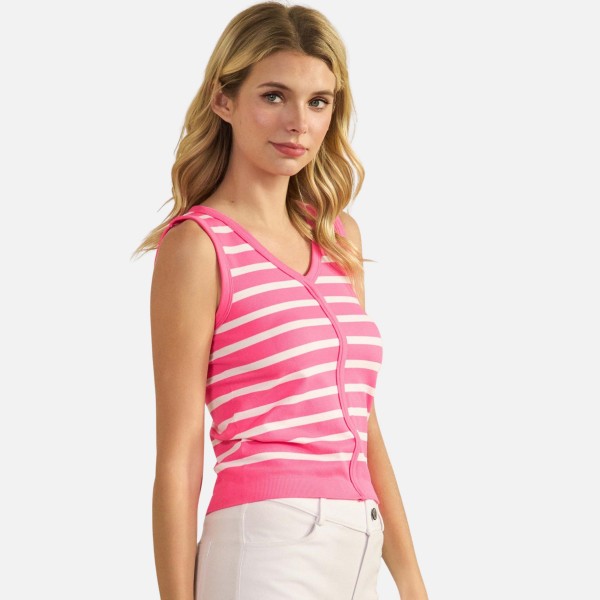 Stripped V-Neck Sleeveless Top (6-Pack)

- Ribbed 
- Cropped
- 25% Polyester / 32% Nylon / 25% Modal / 8% Spandex 