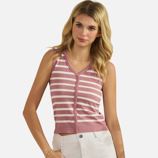 Stripped V-Neck Sleeveless Top (6-Pack)

- Ribbed 
- Cropped
- 25% Polyester / 32% Nylon / 25% Modal / 8% Spandex 