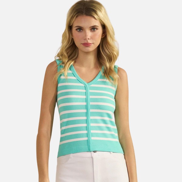 Stripped V-Neck Sleeveless Top (6-Pack)

- Ribbed 
- Cropped
- 25% Polyester / 32% Nylon / 25% Modal / 8% Spandex 