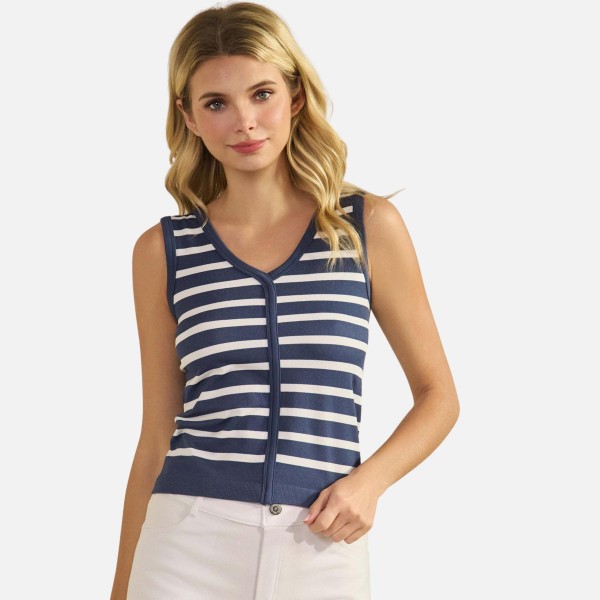 Stripped V-Neck Sleeveless Top (6-Pack)

- Ribbed 
- Cropped
- 25% Polyester / 32% Nylon / 25% Modal / 8% Spandex 