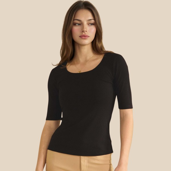 Ribbed Mid Sleeve Fitted Top (6-Pack)

- Scoop Neck
- Soft & Breathable 
- 95% Viscose / 5% Spandex 
