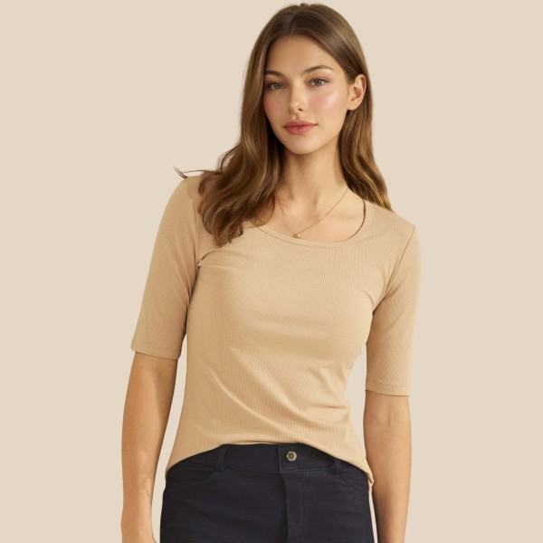Ribbed Mid Sleeve Fitted Top (6-Pack)

- Scoop Neck
- Soft & Breathable 
- 95% Viscose / 5% Spandex 