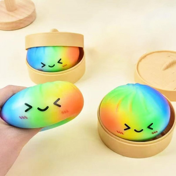 Rainbow Dumpling Squishy Toy

Bright novelty squishy toy featuring a toast-inspired design with colorful accents.

- Ages 3+
- Approximately 3" L