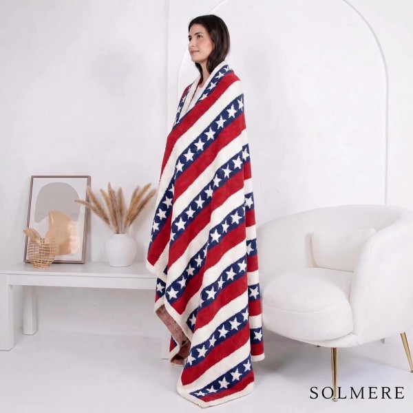 Solmere Blanket – Americana Stars & Stripes Blanket

Wrap yourself in pure indulgence. Our Solmere Blanket combines a fashion-forward design with an irresistibly soft hand-feel that’s as beautiful as it is cozy.

- Luxuriously Soft – Crafted from ultra-plush, high-quality fibers you’ll want to snuggle into all season long.

- Perfectly Sized – Approximately 50” W x 60” L, perfect for draping over your sofa, bed, or yourself.

- Premium Craftsmanship – 100% polyester for lasting softness, warmth, and easy care.

- Thoughtful Packaging – Each blanket is tied with a branded ribbon in a bow and includes two cards: one featuring the SOLMERE brand and another showcasing a high-quality image of the blanket’s print. Individually packaged

Once you touch it, you’ll understand why SOLMERE blankets are love at first feel.