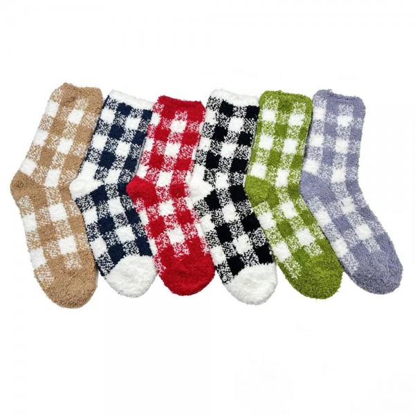 Bring rustic charm and shelf-ready variety to your hosiery section with this assorted six-pack of plush buffalo check crew socks. Each pair features a classic two-tone gingham check woven into a brushed, fuzzy yarn blend that feels irresistibly soft — built for chilly mornings, fireplace evenings, and lazy Sunday loungewear. The mid-calf length and stretch ribbed cuff pair effortlessly with leggings, joggers, and rolled denim. A cabin-core staple that flies off the shelf during cooler seasons and makes a thoughtful add-on for hostess gifts, holiday stocking sets, and farmhouse-style boutique displays.