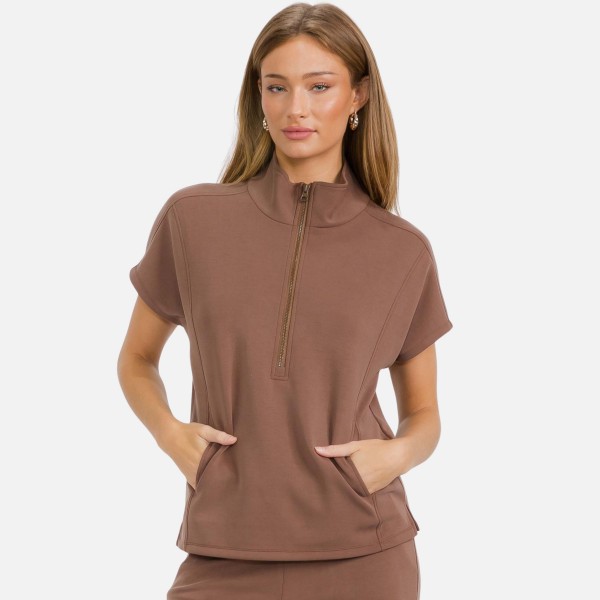 Half Zip Short Sleeve Top (6-Pack)

- Classic Fit
- Short Dolma Sleeves 
- Unlined
- 40% Modal 53.4% Polyester 6.6% Spandex 
- Matching Shorts- Item # 7325168