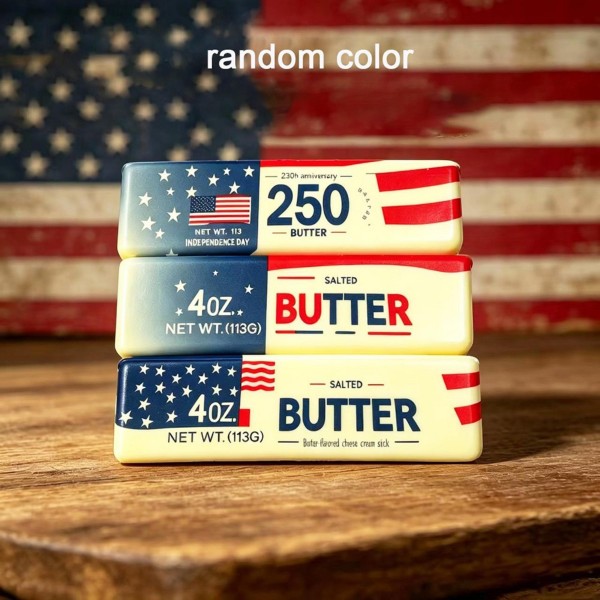 Americana Butter Stick Squishy Toy 

- Soft novelty squishy toy designed to look like a classic butter stick.
- Ages 3+
- Approximately 5.5" L