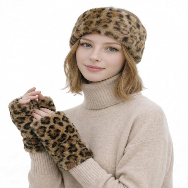 Leopard print faux fur fingerless gloves with a plush, velvety pile and an open finger design that keeps hands warm while leaving fingertips free. Perfect for texting, driving, sipping coffee, or shopping on a crisp day without taking gloves on and off. The bold animal print adds instant style to any winter coat or sweater. A trendy, giftable accessory that sells fast next to faux fur headwraps and earmuffs.
