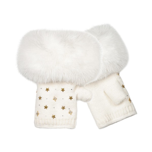 Faux Fur Cuff Fingerless Gloves with a soft knit body, scattered star stud accents, and an oversized plush faux fur trim at the wrist. The open finger design keeps hands warm while leaving fingertips free for texting, driving, and grabbing coffee. Perfect for holiday markets, chilly commutes, game nights, and winter photos. Fur trimmed fingerless gloves are a trendy, giftable add on that sells fast from fall through the holidays.