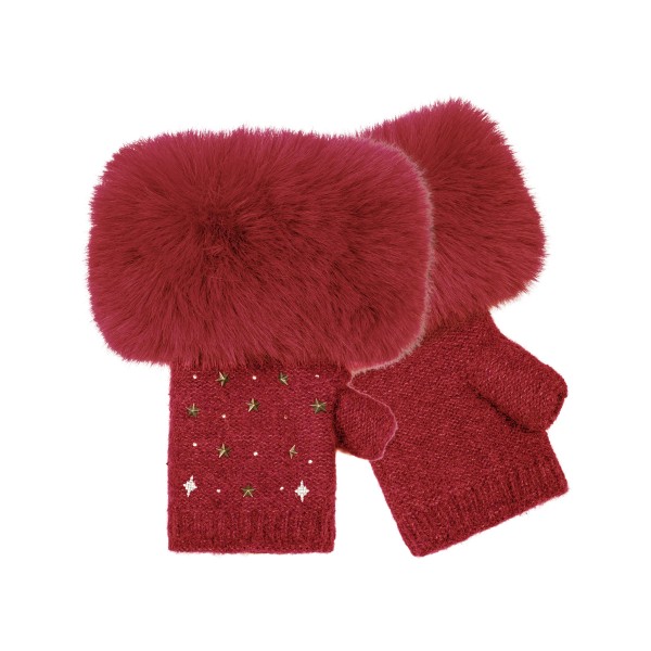 Faux Fur Cuff Fingerless Gloves with a soft knit body, scattered star stud accents, and an oversized plush faux fur trim at the wrist. The open finger design keeps hands warm while leaving fingertips free for texting, driving, and grabbing coffee. Perfect for holiday markets, chilly commutes, game nights, and winter photos. Fur trimmed fingerless gloves are a trendy, giftable add on that sells fast from fall through the holidays.