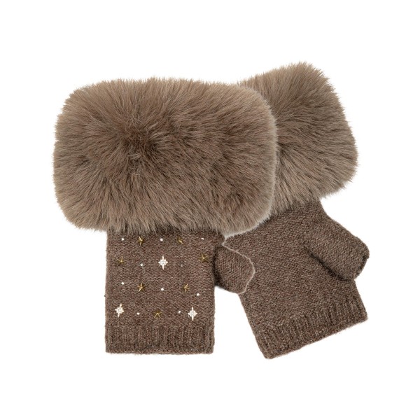 Faux Fur Cuff Fingerless Gloves with a soft knit body, scattered star stud accents, and an oversized plush faux fur trim at the wrist. The open finger design keeps hands warm while leaving fingertips free for texting, driving, and grabbing coffee. Perfect for holiday markets, chilly commutes, game nights, and winter photos. Fur trimmed fingerless gloves are a trendy, giftable add on that sells fast from fall through the holidays.