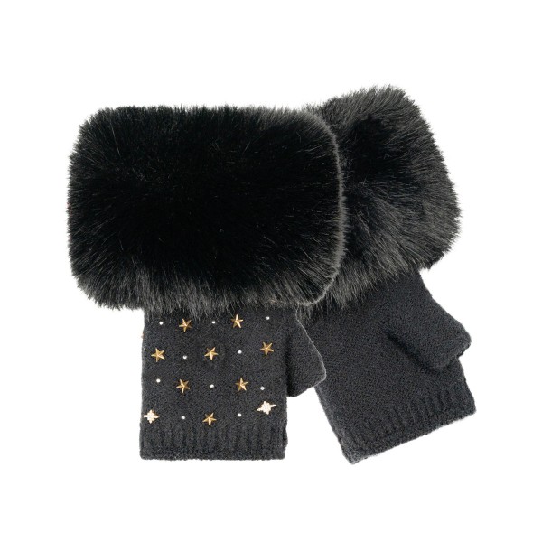 Faux Fur Cuff Fingerless Gloves with a soft knit body, scattered star stud accents, and an oversized plush faux fur trim at the wrist. The open finger design keeps hands warm while leaving fingertips free for texting, driving, and grabbing coffee. Perfect for holiday markets, chilly commutes, game nights, and winter photos. Fur trimmed fingerless gloves are a trendy, giftable add on that sells fast from fall through the holidays.