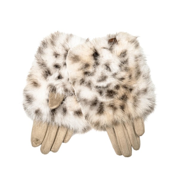 Faux Fur Cuff Gloves with a plush leopard print pile cuff and smooth faux suede hands. The soft cuff hugs the wrist to seal in warmth, while the fitted fingers keep the look polished for errands, holiday markets, and cold morning commutes. Pairs easily with puffers, wool coats, and sherpa jackets. Animal print and faux fur are a proven cold weather combination, which makes these an easy gift and a quick turning add to any boutique accessory wall.