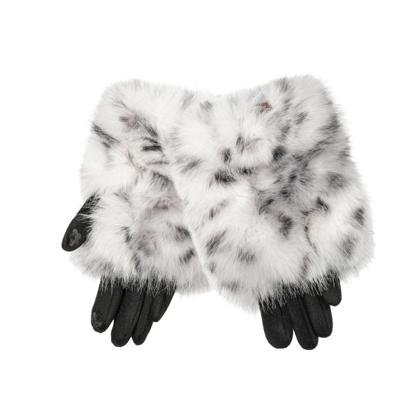 Faux Fur Cuff Gloves with a plush leopard print pile cuff and smooth faux suede hands. The soft cuff hugs the wrist to seal in warmth, while the fitted fingers keep the look polished for errands, holiday markets, and cold morning commutes. Pairs easily with puffers, wool coats, and sherpa jackets. Animal print and faux fur are a proven cold weather combination, which makes these an easy gift and a quick turning add to any boutique accessory wall.
