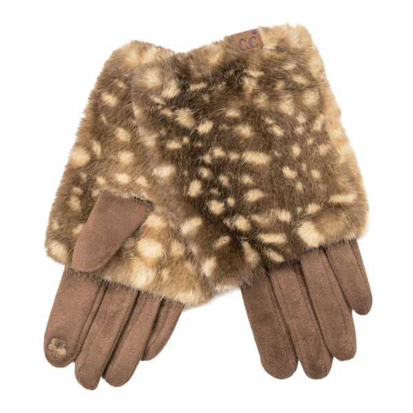 Fawn Print Faux Fur Cuff Gloves with a plush spotted pile cuff inspired by a baby deer coat, paired with smooth faux suede hands. The oversized cuff wraps the wrist in soft warmth, while the slim fitted fingers keep the look tailored. A charming pick for holiday markets, cabin weekends, and cold morning commutes. Woodland prints are a standout look this season, making these an easy gift and a quick turning add to any glove display.