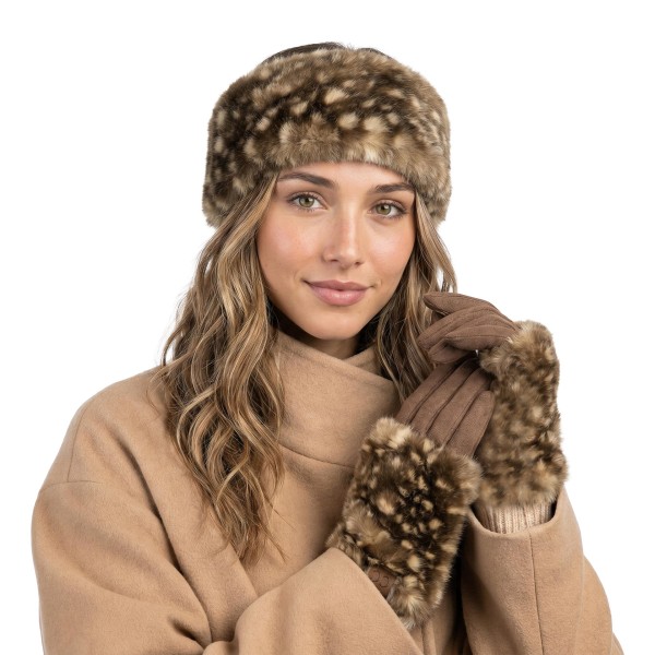 Fawn Print Faux Fur Cuff Gloves with a plush spotted pile cuff inspired by a baby deer coat, paired with smooth faux suede hands. The oversized cuff wraps the wrist in soft warmth, while the slim fitted fingers keep the look tailored. A charming pick for holiday markets, cabin weekends, and cold morning commutes. Woodland prints are a standout look this season, making these an easy gift and a quick turning add to any glove display.