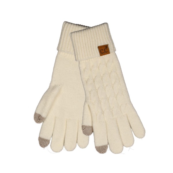Cable Knit Touchscreen Gloves with a braided cable running down the back of the hand and a soft ribbed cuff that folds over at the wrist. Conductive fingertips let customers text, scroll, and snap photos without taking their gloves off. A practical everyday pair for commuting, school pickup, and holiday shopping. Touchscreen knit gloves are a dependable cold weather basic and an easy add on near the register all season.