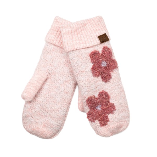 Heathered knit mittens with raised daisy appliques across the back of the hand and a ribbed fold over cuff. The soft, textured knit traps warmth and feels cozy on frosty walks, holiday markets, and school runs. Playful flower details bring a cheerful, retro feel to a practical cold weather basic. A fun gift pick that pairs perfectly with beanies and scarves and sells well in multiples.