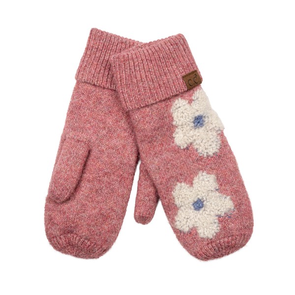 Heathered knit mittens with raised daisy appliques across the back of the hand and a ribbed fold over cuff. The soft, textured knit traps warmth and feels cozy on frosty walks, holiday markets, and school runs. Playful flower details bring a cheerful, retro feel to a practical cold weather basic. A fun gift pick that pairs perfectly with beanies and scarves and sells well in multiples.