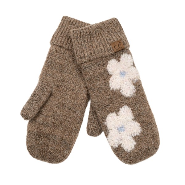 Heathered knit mittens with raised daisy appliques across the back of the hand and a ribbed fold over cuff. The soft, textured knit traps warmth and feels cozy on frosty walks, holiday markets, and school runs. Playful flower details bring a cheerful, retro feel to a practical cold weather basic. A fun gift pick that pairs perfectly with beanies and scarves and sells well in multiples.