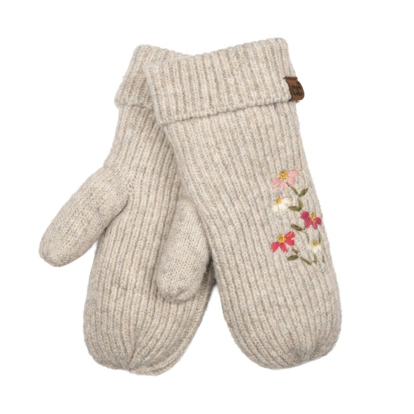 Knit mittens with a delicate embroidered wildflower sprig on the back of the hand and a ribbed fold over cuff. The soft, warm knit keeps hands cozy on chilly walks, holiday shopping trips, and school pickup lines. A dainty floral detail gives a classic winter staple a fresh, feminine touch. An easy gift item that pairs beautifully with beanies and scarves in a cold weather display.