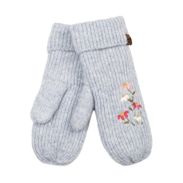 Knit mittens with a delicate embroidered wildflower sprig on the back of the hand and a ribbed fold over cuff. The soft, warm knit keeps hands cozy on chilly walks, holiday shopping trips, and school pickup lines. A dainty floral detail gives a classic winter staple a fresh, feminine touch. An easy gift item that pairs beautifully with beanies and scarves in a cold weather display.