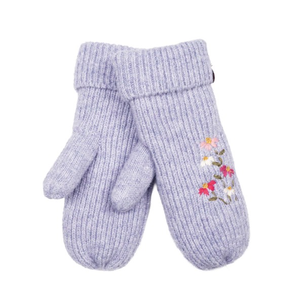 Knit mittens with a delicate embroidered wildflower sprig on the back of the hand and a ribbed fold over cuff. The soft, warm knit keeps hands cozy on chilly walks, holiday shopping trips, and school pickup lines. A dainty floral detail gives a classic winter staple a fresh, feminine touch. An easy gift item that pairs beautifully with beanies and scarves in a cold weather display.
