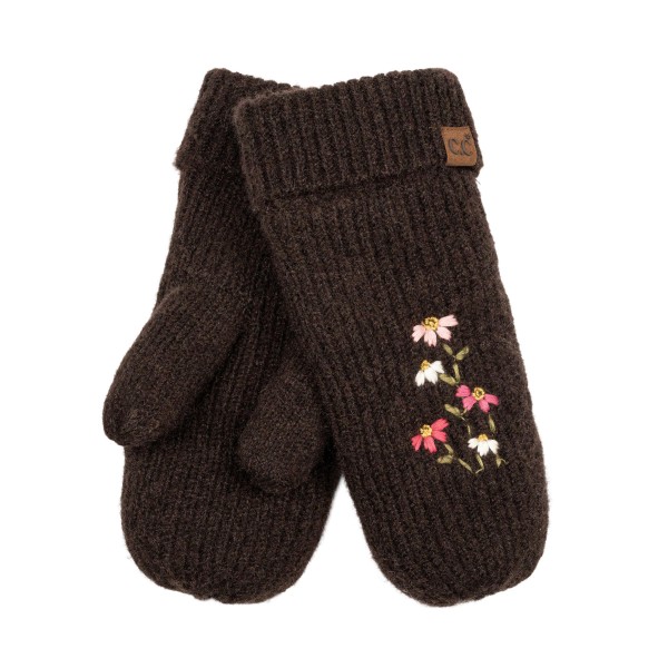 Knit mittens with a delicate embroidered wildflower sprig on the back of the hand and a ribbed fold over cuff. The soft, warm knit keeps hands cozy on chilly walks, holiday shopping trips, and school pickup lines. A dainty floral detail gives a classic winter staple a fresh, feminine touch. An easy gift item that pairs beautifully with beanies and scarves in a cold weather display.