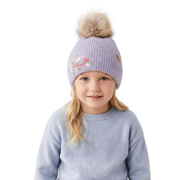 Kids knit pom beanie with delicate embroidered flowers on a fold over cuff and a fluffy faux fur pom on top. The soft ribbed knit stretches for a comfortable fit and keeps little ears warm on cold school mornings and weekend outings. A sweet, feminine design that parents love for holiday photos and gifting. Floral kids beanies sell fast as stocking stuffers and pair perfectly with matching mittens.