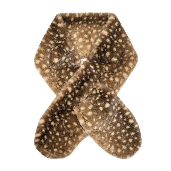 Fawn Print Faux Fur Pull Through Scarf made from plush, ultra soft faux fur printed with a dreamy fawn spot pattern. A built in keyhole lets the scarf slip through itself for a secure, no fuss fit that stays put without knots or pins. Perfect for chilly game days, holiday outings, and cozy winter outfits. A trendy, giftable cold weather piece that sells beautifully alongside matching hats and headbands.